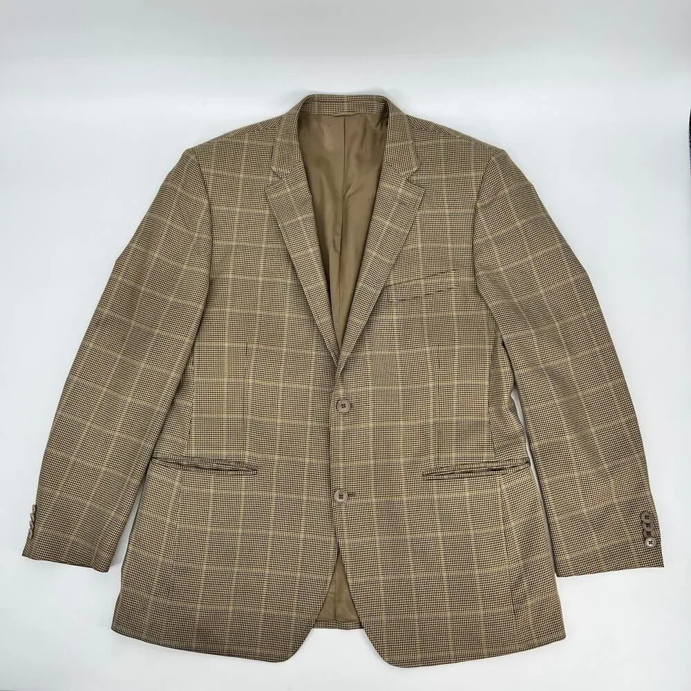 Di Milano Uomo Blazer Mens 44 L Brown Tan Glen Plaid Silk Wool Blend Two Button